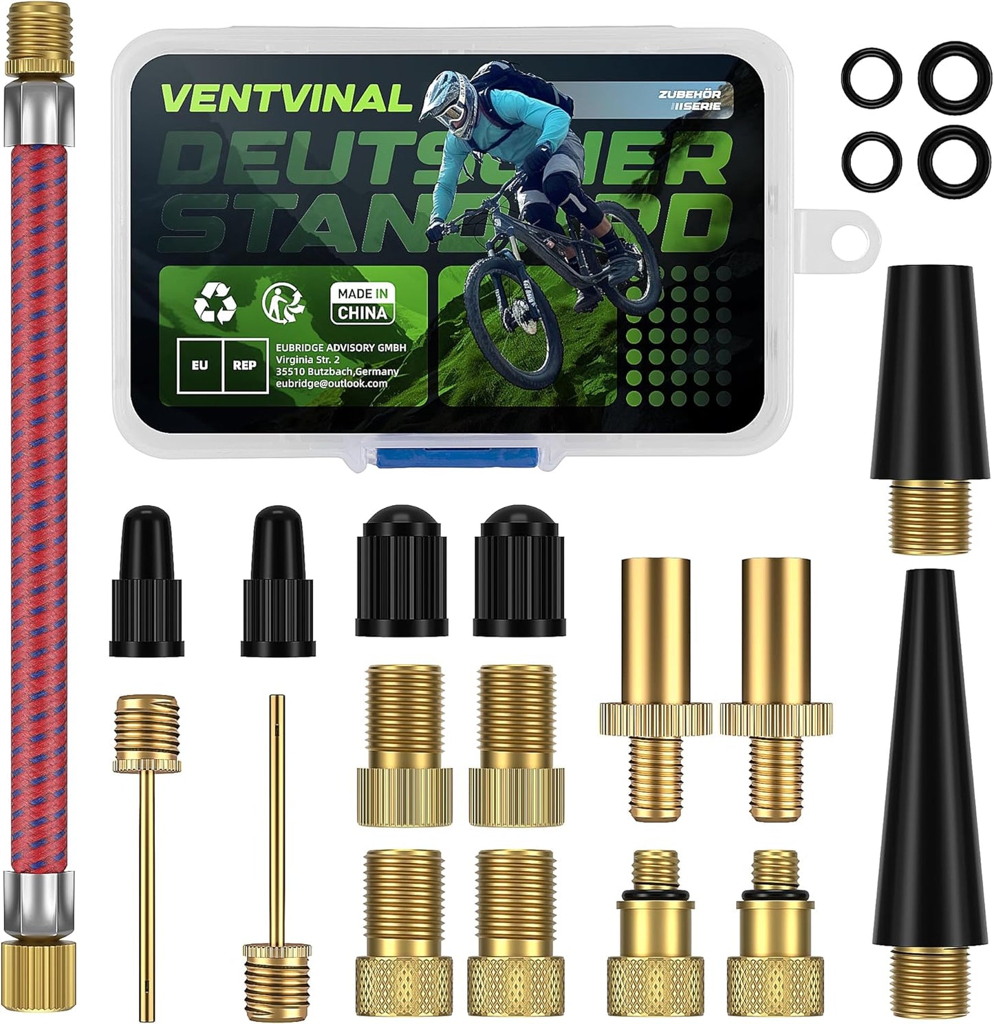 Fahrradventil Adapter Set,Alle Fahrradventil Adapter,Französisches Ventil Adapter und Autoventil Adapter,Mit Formatbox,Luftpumpe,Kugelnadel und Kompressorventiladapter