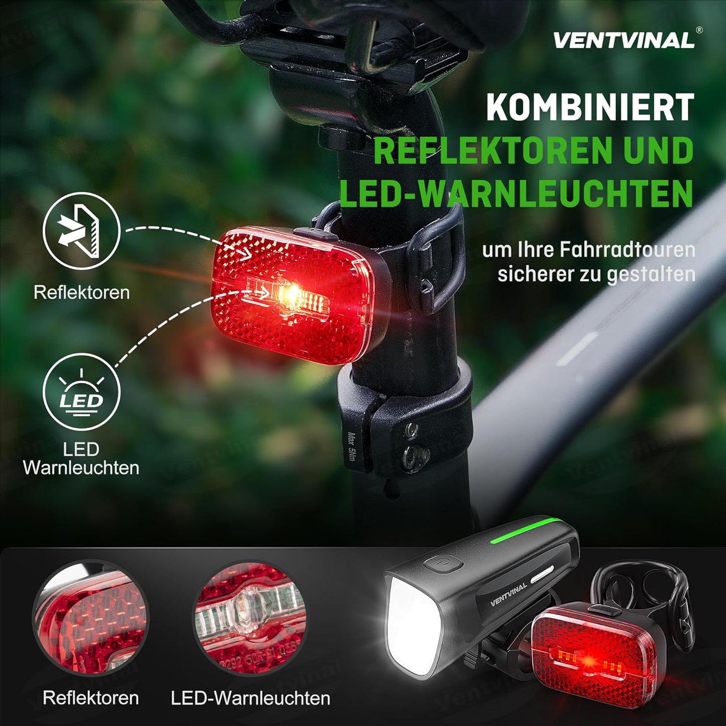 Ventvinal Fahrrad Lichter Led Set,LED Fahrradlicht Vorne 100 LUX und Rücklicht Fahrrad(mit integriertem Reflektor),Stvzo Zugelassen,Batterie Aufforderung Schwach,USB Aufladbar,Wasserdicht