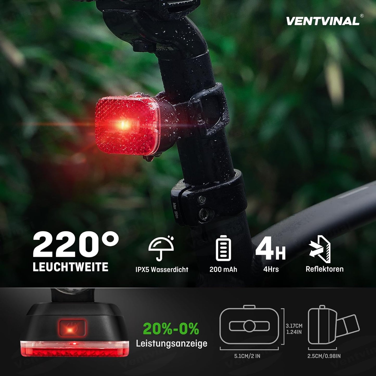 Ventvinal Fahrrad Lichter Led Set,LED Fahrradlicht Vorne 100 LUX und Rücklicht Fahrrad(mit integriertem Reflektor),Stvzo Zugelassen,Batterie Aufforderung Schwach,USB Aufladbar,Wasserdicht