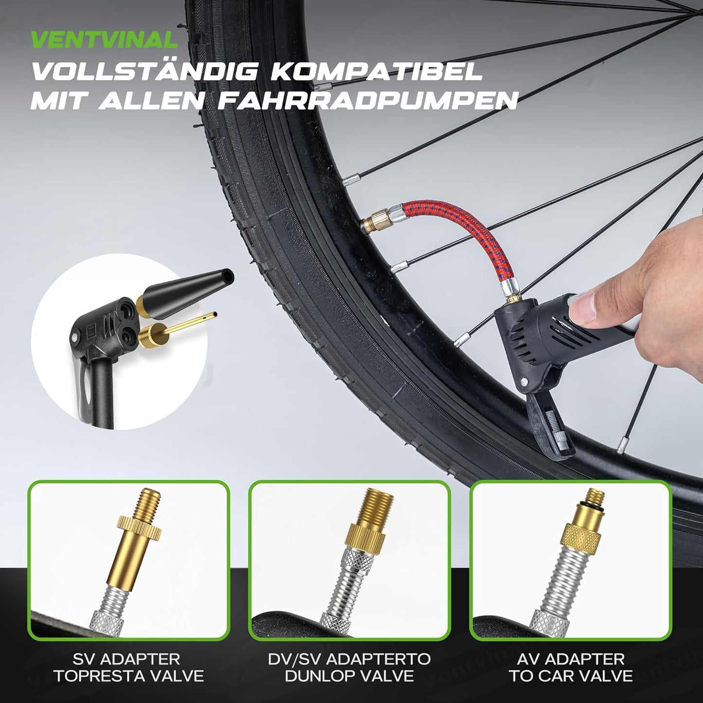 Fahrradventil Adapter Set,Alle Fahrradventil Adapter,Französisches Ventil Adapter und Autoventil Adapter,Mit Formatbox,Luftpumpe,Kugelnadel und Kompressorventiladapter