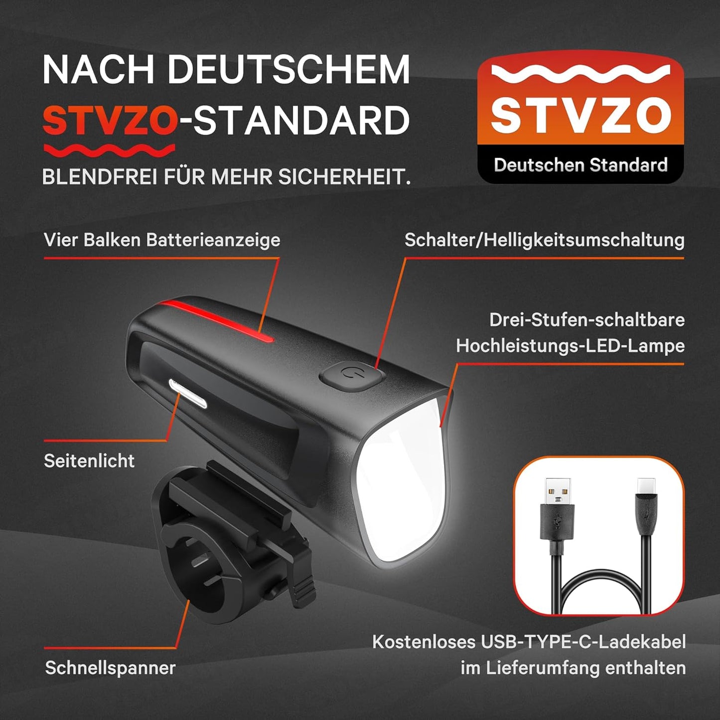 LED Fahrradlicht Vorne 100 LUX, Fahrradbeleuchtung stvzo zugelassen, Fahrradlampe USB Aufladbar mit Batterie Aufforderung schwach und 3 Leuchtmodi, IPX5 Blendfreies Design, Schwarz
